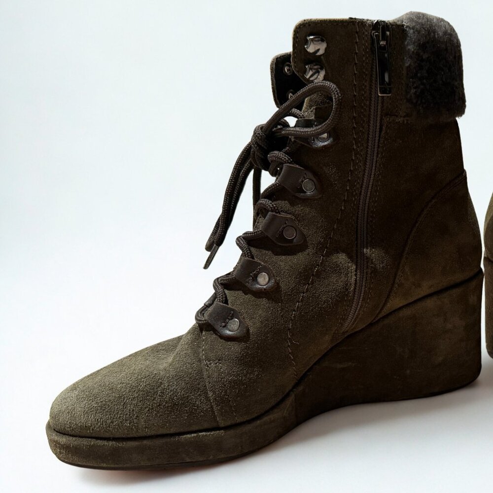 Aquatalia Olive Suede Wedge Ankle Boots | Size 9 | Like New